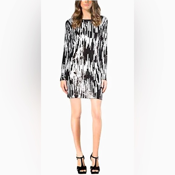 Michaell Kors Long Sleeve Black/White Mini Sequin Shimmery Static Shift Dressss - Picture 1 of 8